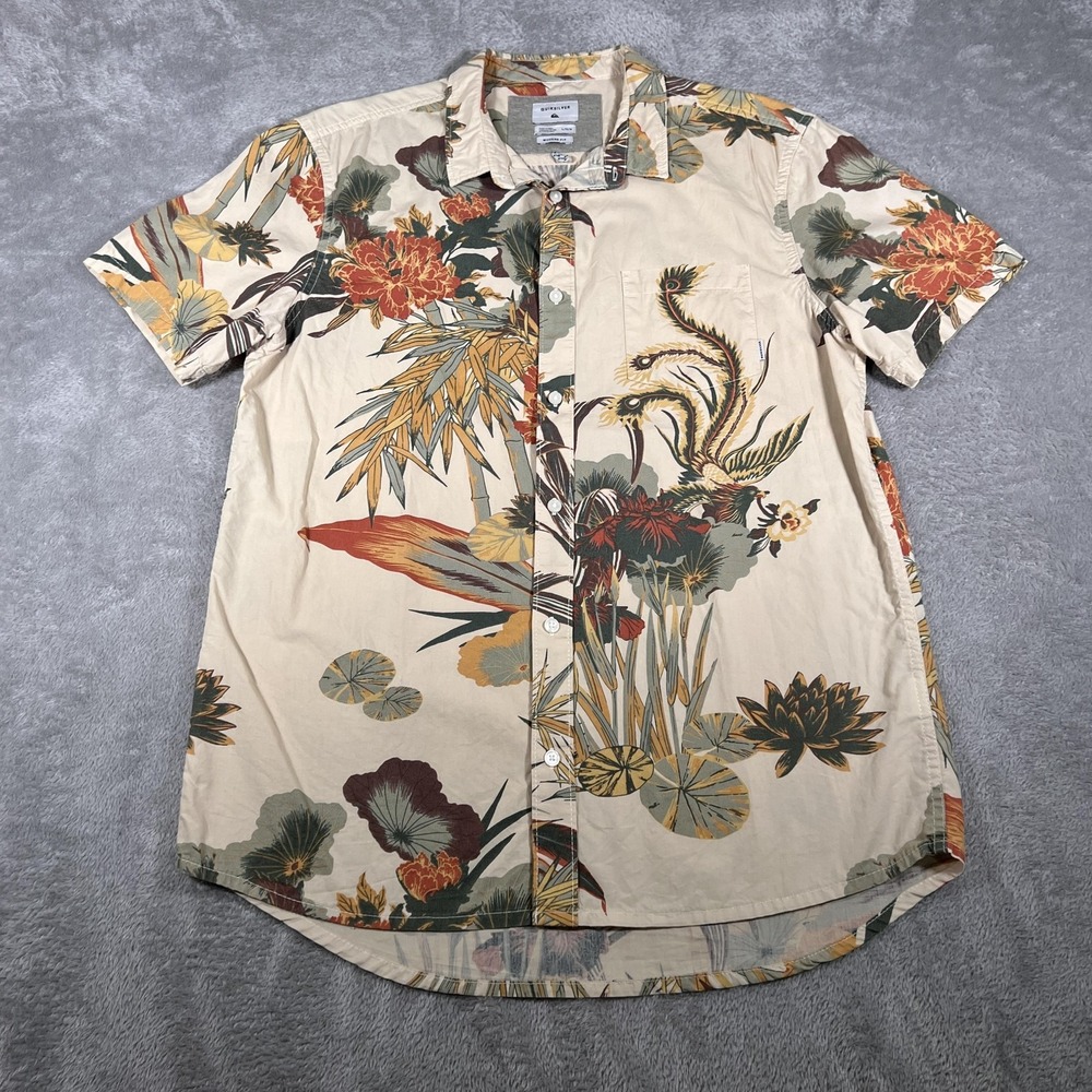 Quiksilver Shirt Mens Large Beige Floral Modern Hawaiian Short‎ Sleeve Button Up